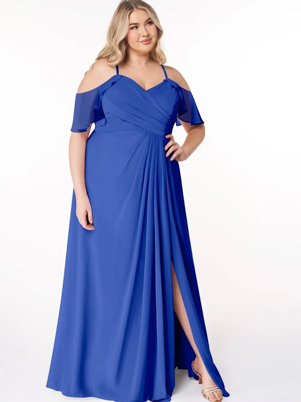 Azazie Blue Cold-Shoulder Draped Maxi Dress